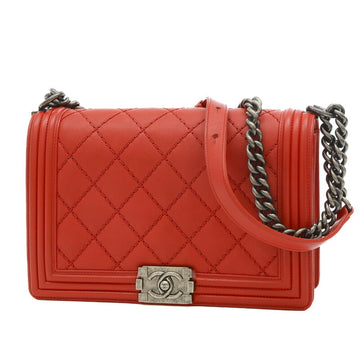 CHANEL Boy Wild Stitch Chain Shoulder Bag Leather Red