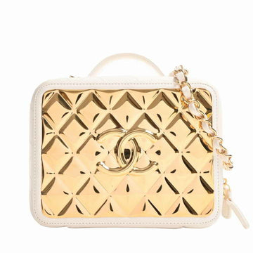 CHANEL lambskin matelasse here mark chain shoulder bag white/gold