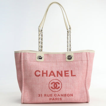 CHANEL Chain Tote MM Deauville Bag Canvas Ladies