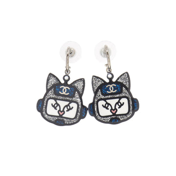 CHANEL Cat Robot Charm Earrings Swing Silver Black Blue 17S A89442 Accessories