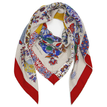 HERMES Muffler/Scarf Stole Beige Red Triangle Jean Cashmere Silk Flower Blooming Fabric