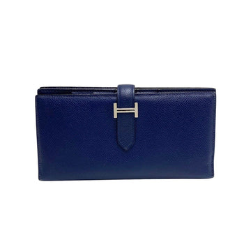 HERMES Bear Souffle Vaux Epson Long Wallet Bifold Blue