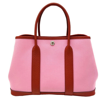 HERMES Garden TPM Toile Offiche Vache Country Rouge Ducese Pink Y Engraved Ladies 30cm Canvas Tote Bag Leather