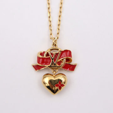 LOUIS VUITTON Collier Love Romance Necklace M80270 Metal Gold Red Ribbon Motif Heart