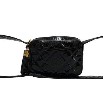 CHANEL Matelasse Coco Mark Patent Leather Genuine Fringe Mini Shoulder Bag Black