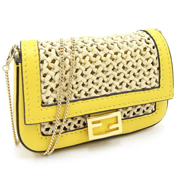 FENDI Shoulder Bag Nano Bucket Charm Yellow Beige Straw Leather Key Ring FF Chain Motif Pouch Women's