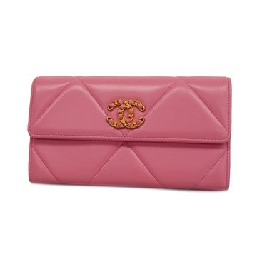 CHANELAuth  19 Gold Hardware Women's Lambskin Long Wallet [bi-fold] Pink