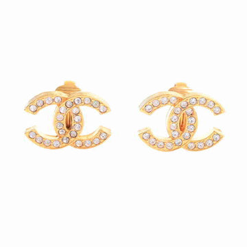 Chanel rhinestone here mark earrings gold metal