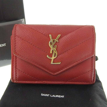 SAINT LAURENT Compact Wallet Tiny Folding with Hook Leather Red 505118