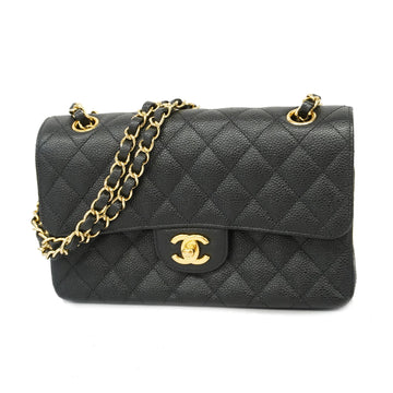 Chanel Matelasse W Flap W Chain Women's Caviar Leather Shoulder Bag Black