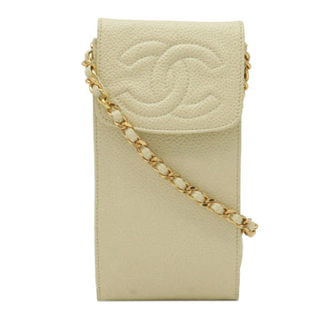 Chanel here mark chain pochette shoulder bag smartphone case mobile caviar skin leather beige