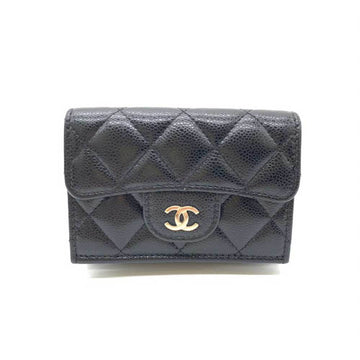 CHANEL Wallet Matelasse Classic Small Flap Black Champagne Tri-fold Coco Mark Ladies Caviar Skin Leather A84401