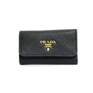 PRADA Key Case Vittello Grain Gold Hardware Nero 1PG222 Black Women's Men's Leather