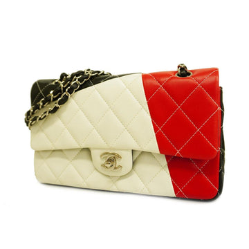 CHANEL Shoulder Bag Matelasse W Flap Chain Lambskin Black White Red Silver Hardware Women's