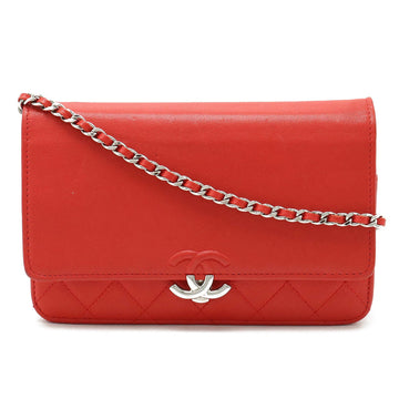 CHANEL Matelasse Chain Wallet Shoulder Bag Pochette Leather Red A84428