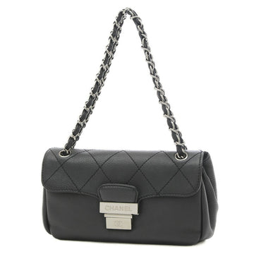 CHANEL Matelasse W Chain Shoulder Bag Leather Black Silver Hardware