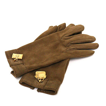 HERMES Gije Bolide Charm Leather Gloves Suede 6 1/2 Brown Women's