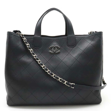 CHANEL Matelasse Coco Mark Tote Bag Shoulder Chain Leather Black