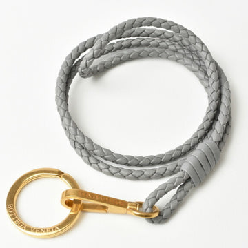 BOTTEGA VENETA key ring neck strap  leather light gray gold