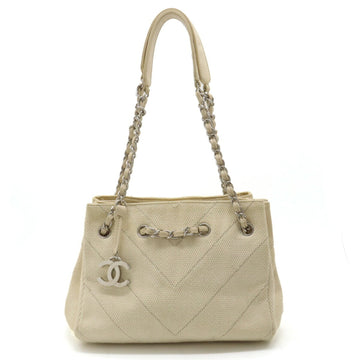 CHANEL V Stitch Chevron Tote Bag Shoulder Chain Canvas Leather Ivory Beige