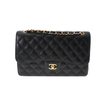 CHANEL matelasse chain shoulder W flap 30cm black ladies caviar skin bag