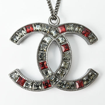 CHANEL necklace pendant  here mark CC rhinestone gunmetal red