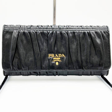 PRADA Nappa Gaufre Long Wallet Gathered Black Nero Leather Women's