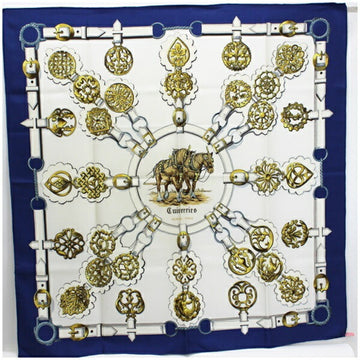 HERMES silk scarf muffler CUIVRERIES [copperwork] white x navy  women's