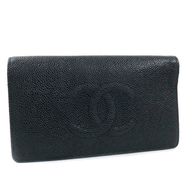 Chanel Long Wallet Coco Mark Caviar Skin Black Ladies CHANEL