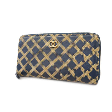 Chanel long wallet lambskin navy gold metal