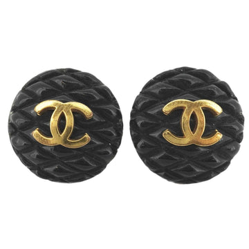 CHANEL earrings vintage here mark round plastic GP plated gold black 93A ladies