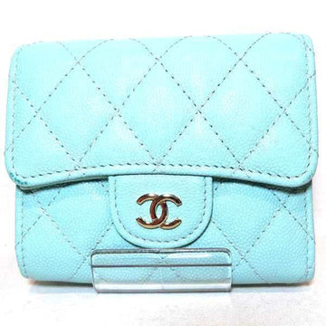 CHANEL Matelasse Classic Small Flap Wallet Clear Blue Caviar Skin 3 Fold Women's