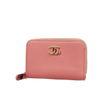 CHANEL Wallet/Coin Case Leather Pink Gold Hardware Women's