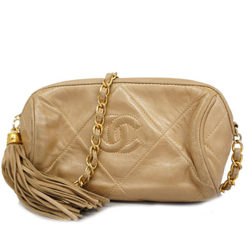 CHANELAuth  Matelasse Chain Shoulder Lizard With Fringes Leather Beige