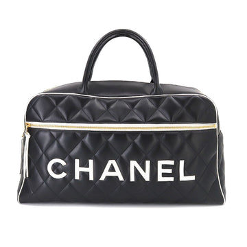 CHANEL Matelasse Logo Boston Bag Leather Black A05943 Vintage Gold Hardware