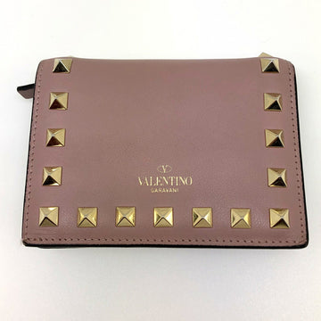 VALENTINO GARAVANI Garavani Studs Compact Wallet Purse Salmon Pink Leather Women's