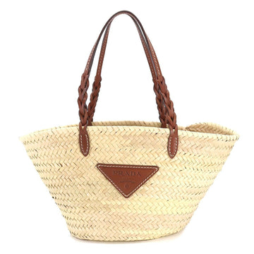 PRADA tote bag wicker leather natural cognac 1BG314 silver metal fittings woven palm Tote Bag