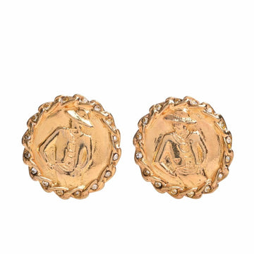 CHANEL Rhinestone Mademoiselle Round Earrings Gold Women's