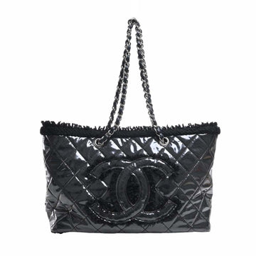 CHANEL Patent Toilet Funny Tweed Coco Mark Chain Tote Bag Black Ladies