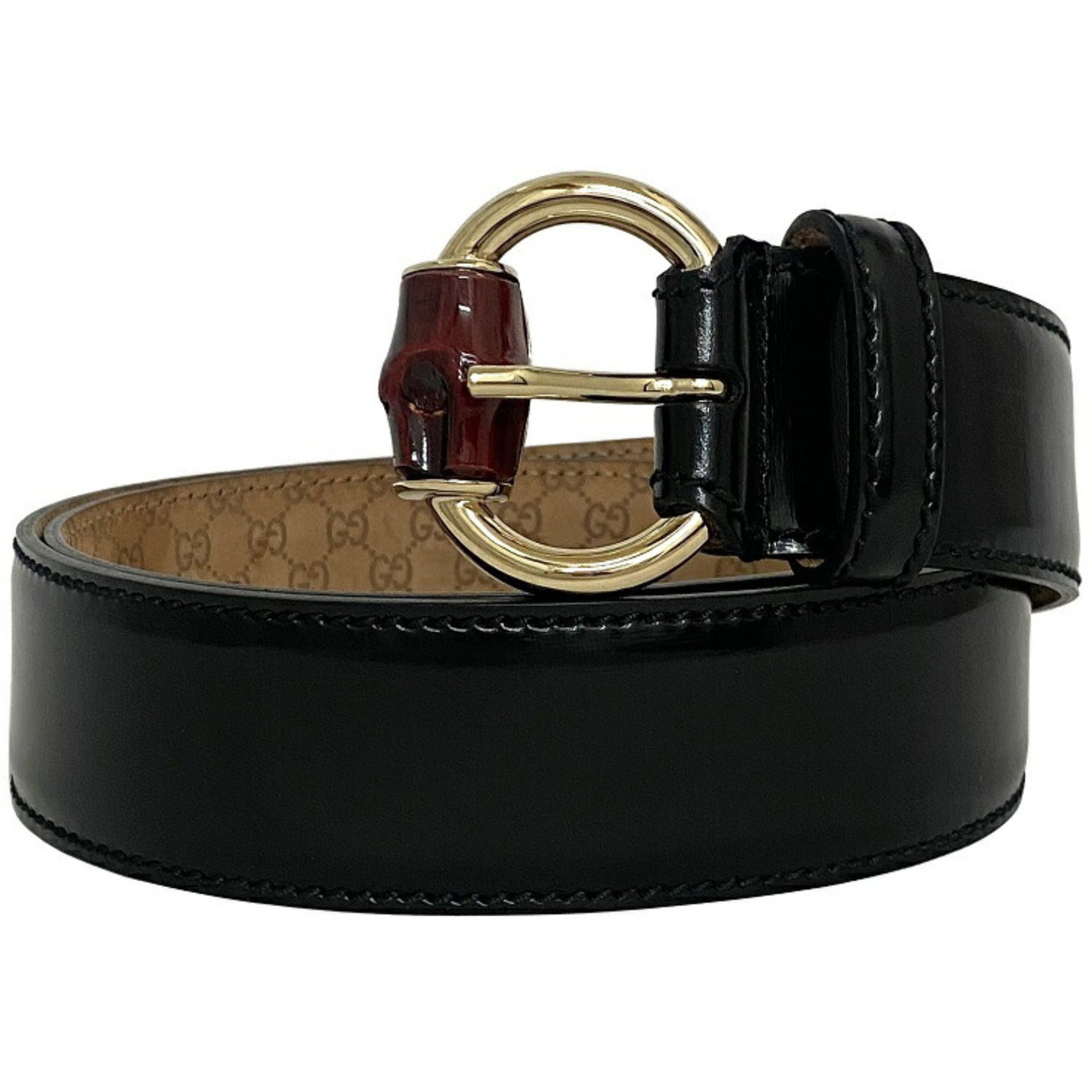 GUCCI Belt Black Beige Gold Bamboo 189800 Patent Leather 40mm 83cm Wai