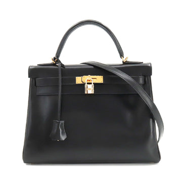 HERMES Kelly 32 2way hand shoulder bag box calf black brown I stamped inner stitch gold metal fittings