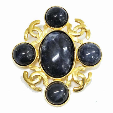 CHANEL brooch here mark gold navy blue 95A stone plated GP color