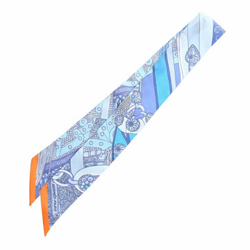 HERMES Silk SELLE DE DIGNITAIRE Dignitary's Saddle Twilly Scarf Blue Orange Ladies