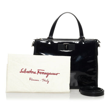 Salvatore Ferragamo Vala Ribbon Handbag Shoulder Bag AB-21E298 Black Enamel Ladies