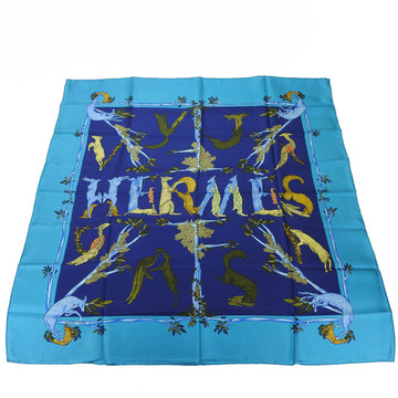 HERMES muffler/scarf carre90 100% silk large animal pattern navy green ladies  AnnieFaivre scarf