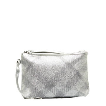 BURBERRY Check Pouch Silver PVC Leather Women's