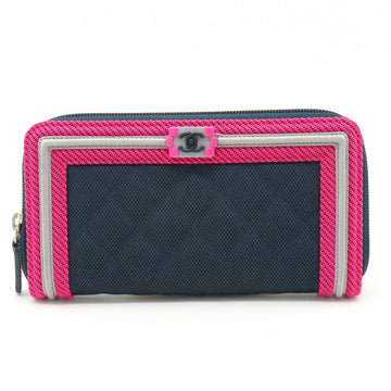 CHANEL Boy  Matelasse Coco Mark Round Long Wallet Canvas Navy Pink Light Gray