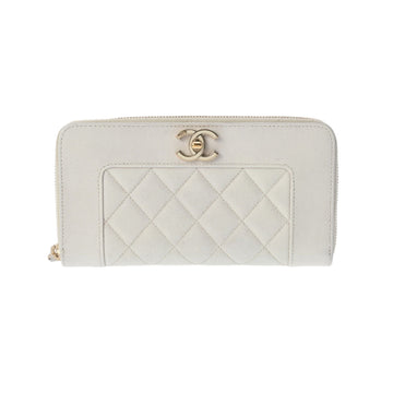 CHANEL Matelasse Round Zip Long Wallet White Ladies Caviar Skin