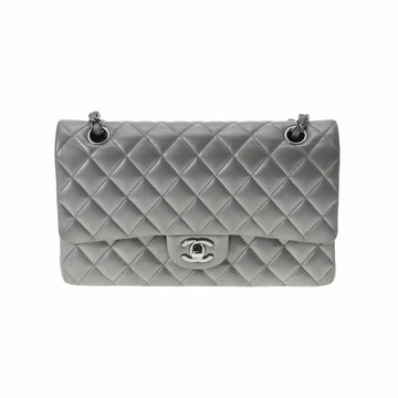 CHANEL matelasse double flap chain shoulder 25 silver ladies lambskin bag