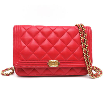 CHANEL Boy Chain Shoulder Women's Bag Lambskin Red